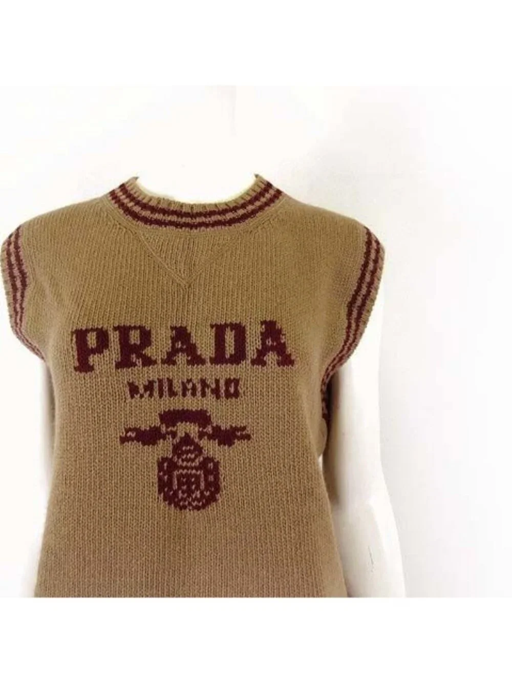 Prada Wool Cashmere Knit Vest Sleeveless Sweater and Logo Jacquard S Camel 38
